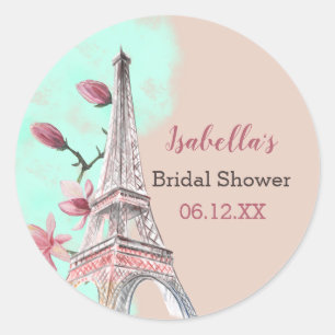 Sticker Rond Tour Eiffel et Fleurs de Magnolia pour une Baby Sh