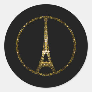 Sticker Rond Tour Eiffel paillettes dorées scintillent sur fond