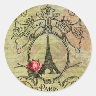 Sticker Rond Tour Eiffel Paris et Rose Rouge Steampunk