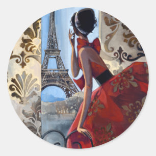 Sticker Rond Tour Eiffel, Robe Rouge, Allons-y