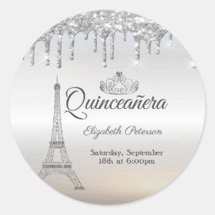 Sticker Rond Tour Eiffel, Tiara, Gouttes de Quinceañera Argenté