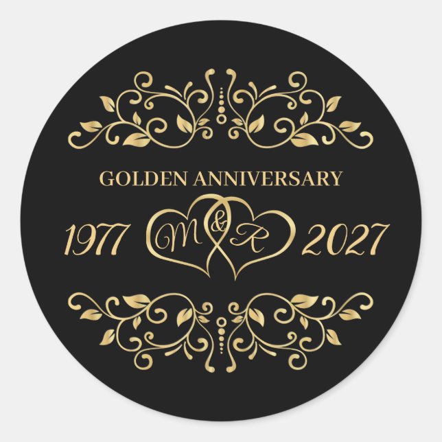 Sticker Rond Tourbillons de feuilles d'or, coeur 50e anniversai (Devant)