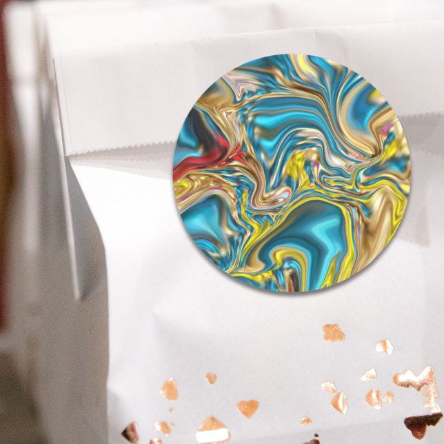 Sticker Rond tourbillons de marbre abstrait jaune sarcelle turq (abstract marble swirls yellow teal turquoise blue classic round sticker)