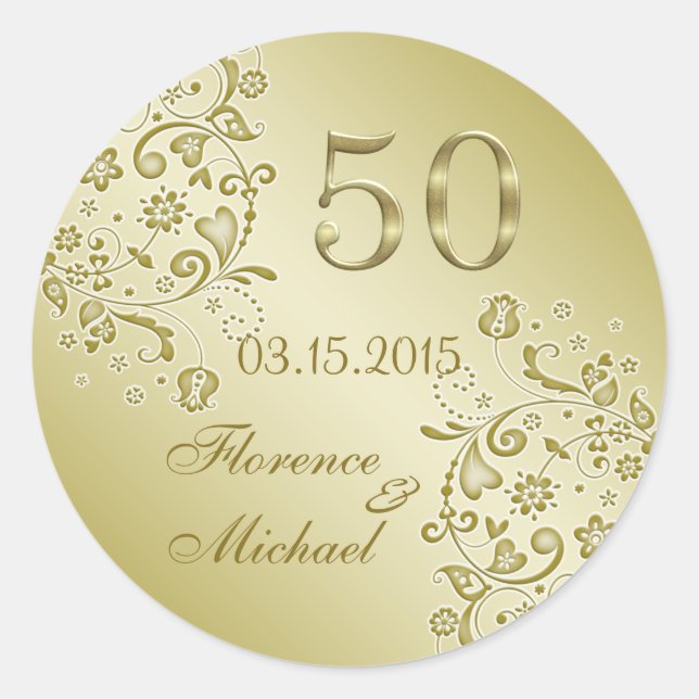 Sticker Rond Tourbillons floraux dorés 50e anniversaire de Mari (Devant)