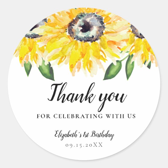 Sticker Rond Tournesol Anniversaire Première aquarelle Floral (Devant)
