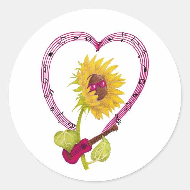 Sticker Rond Tournesol avec Ukulele et notes musicales (Devant)