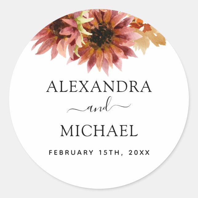 Sticker Rond Tournesol Bourgogne Pays Aquarelle Sceau Mariage (Devant)