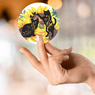 Sticker Rond Tournesol Chats Noirs Aquarelle Florale