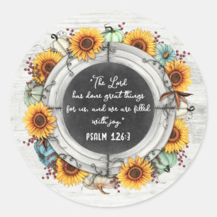 Sticker Rond Tournesol Citrouille Russe Thanksgiving Bible Vers