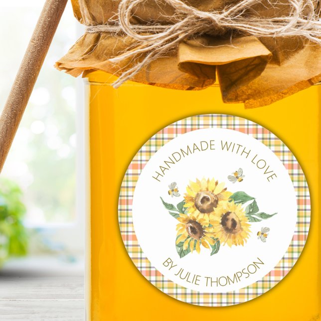Sticker Rond Tournesol et abeilles 🐝 Plaid Miel artisanal (Sunflower & Bees 🐝 Plaid Handmade Honey Classic Round Sticker)