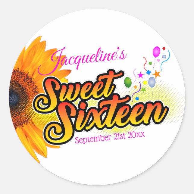 Sticker Rond Tournesol et ballons sur le Sweet sixteen blanc (Devant)