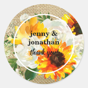 Sticker Rond Tournesol et rose blanche Merci Burlap