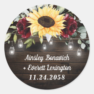 Sticker Rond Tournesol et rose rouge bordeaux Mariage rustique
