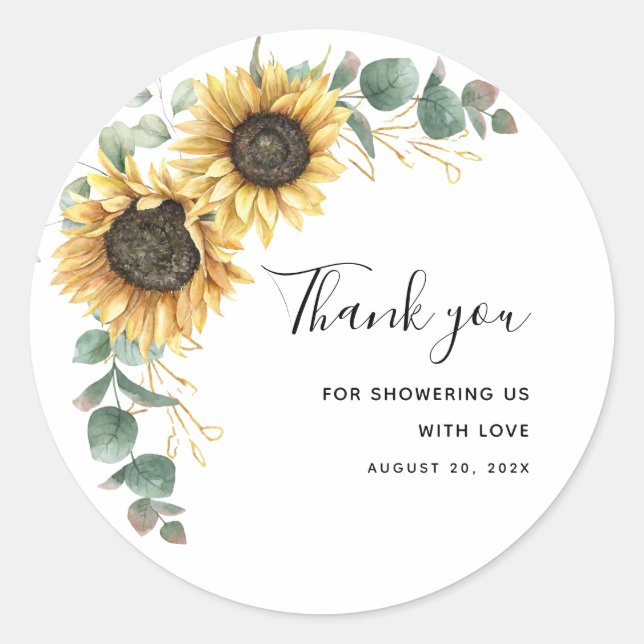 Sticker Rond Tournesol Eucalyptus Baby shower Floral Merci (Devant)