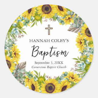 Sticker Rond Tournesol & Eucalyptus Boho Croix Baptême