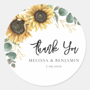 Sticker Rond Tournesol Eucalyptus Mariage Script Merci