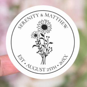 Sticker Rond Tournesol Floral Blanc Noir Juste Marié Mariage