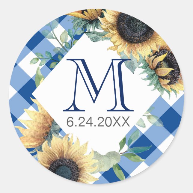 Sticker Rond Tournesol Gingham Bleu Merci (Devant)