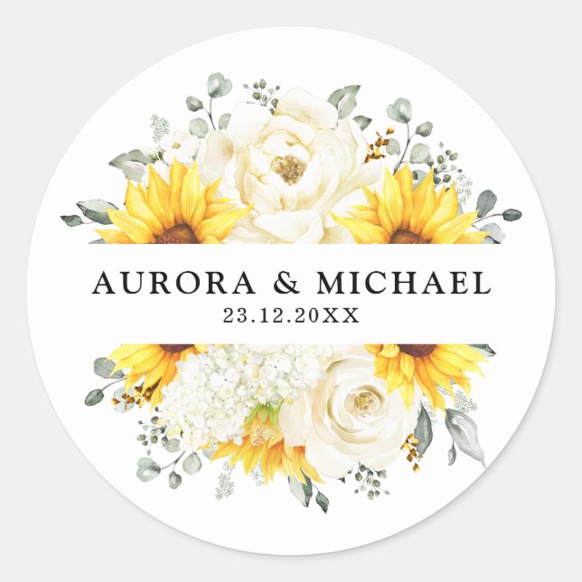 Sticker Rond Tournesol ivoire pivoine Floral Eucalyptus Mariage (Devant)