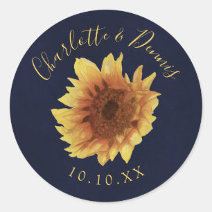 Sticker Rond Tournesol jaune aquarelle et mariage bleu marine
