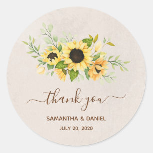 Sticker Rond Tournesol Jaune Rustique Aquarelle Merci