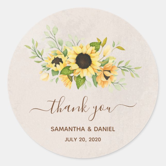 Sticker Rond Tournesol Jaune Rustique Aquarelle Merci (Devant)
