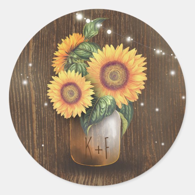 Sticker Rond Tournesol Mason Jar Lumières Mariage rustique (Devant)