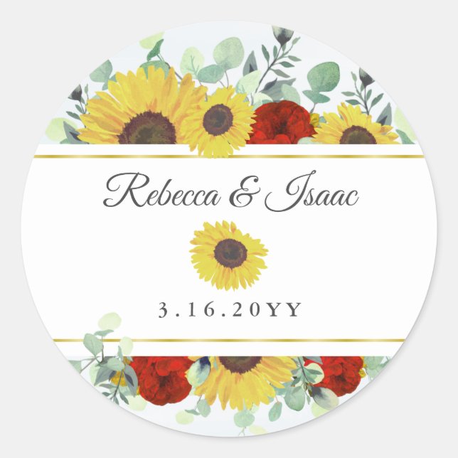 Sticker Rond Tournesol rustique Bourgogne Rouge Floral Mariage (Devant)
