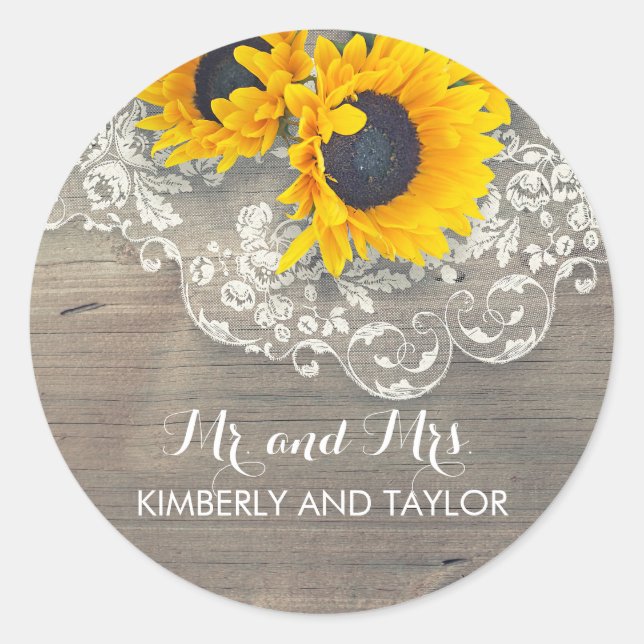 Sticker Rond Tournesol Rustique dentelle Mariage Monogramme (Devant)