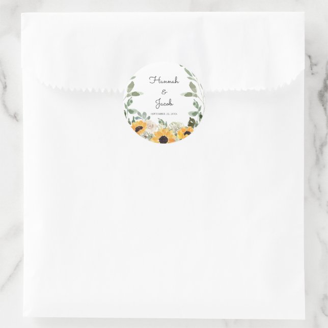 Sticker Rond Tournesol rustique Eucalyptus Mariage Faveur (Sac)
