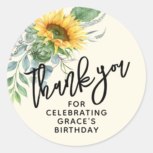 Sticker Rond Tournesol rustique Eucalyptus Merci d'anniversaire (Devant)