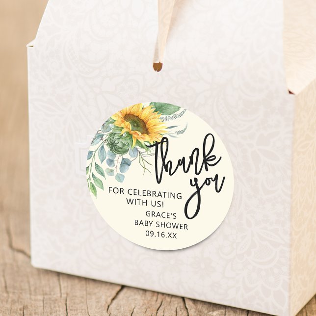 Sticker Rond Tournesol rustique Eucalyptus Verdure Merci (Rustic Sunflower Eucalyptus Greenery Thank You Classic Round Sticker)