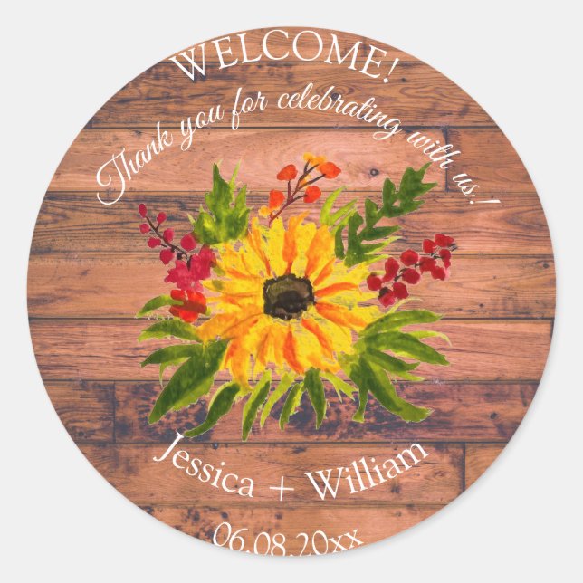 Sticker Rond Tournesol Rustique Floral Aquarelle Mariage bois (Devant)