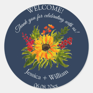 Sticker Rond Tournesol Rustique Floral Aquarelle Marine Mariage