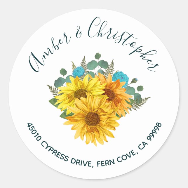 Sticker Rond Tournesol Turquoise Rose Mariage Adresse Enveloppe (Devant)