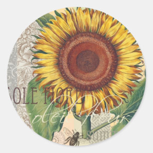 Sticker Rond Tournesol Vintage Damas Fleur Art
