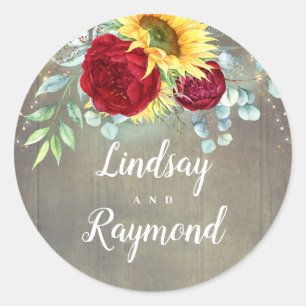 Sticker Rond Tournesols et roses rouges bordeaux Mariage rustiq