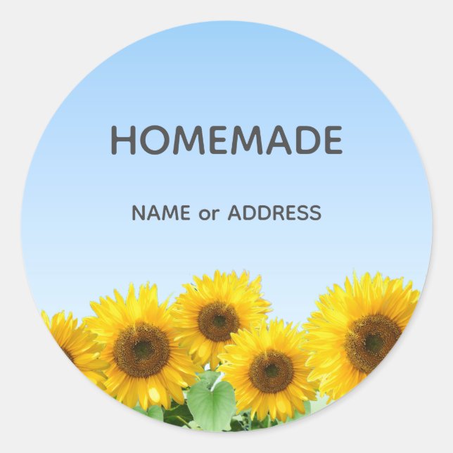Sticker Rond Tournesols et Texte Maison sur Fond Bleu Clair (Devant)