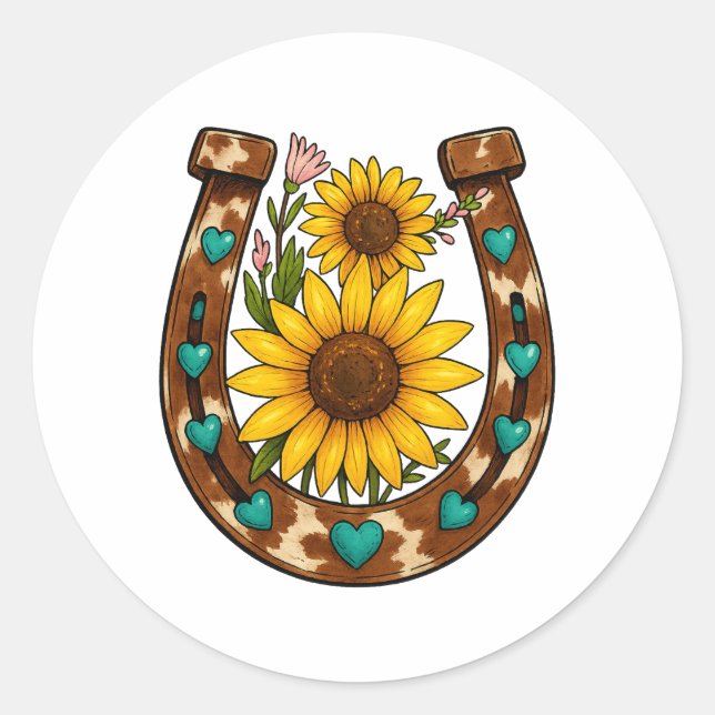 Sticker Rond Tournesols Fer à Cheval Rustiques Floral Campagnar (Devant)