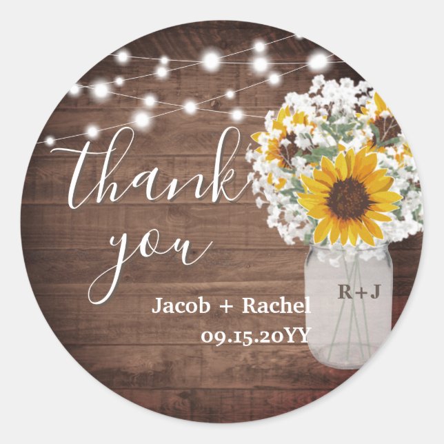 Sticker Rond Tournesols rustiques Mason Jar Mariage Merci (Devant)