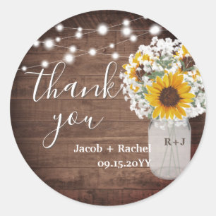 Sticker Rond Tournesols rustiques Mason Jar Mariage Merci