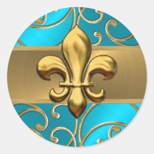 Sticker Rond Tourquoise et Doré Filigree Fleur de Lis