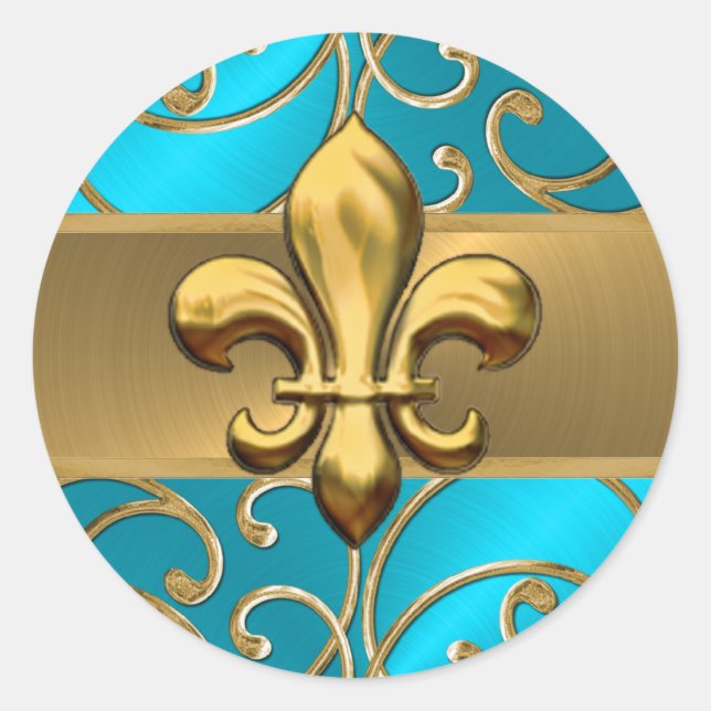 Sticker Rond Tourquoise et Doré Filigree Fleur de Lis (Devant)