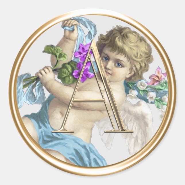 Sticker Rond TOUS LES INITIALES Gold Monogramme Cherub Blue (Devant)
