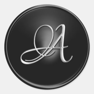 Sticker Rond TOUS LES INITIALES Script en argent sur noir