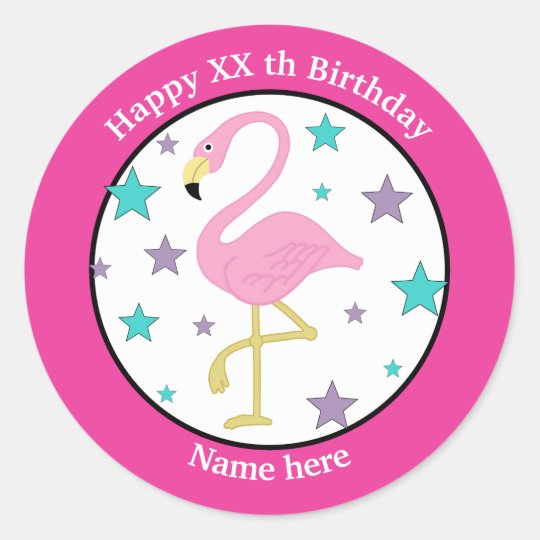 Sticker Rond Tout Age Flamant Rose D Anniversaire Personnalise Zazzle Fr