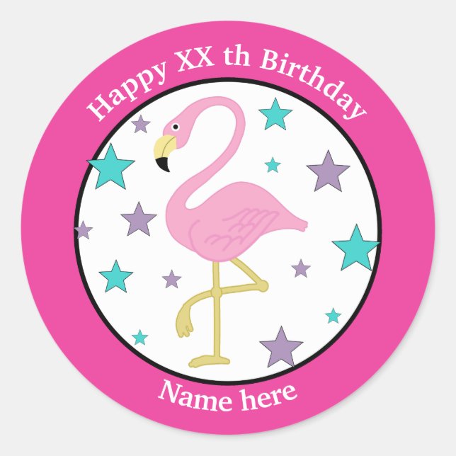 Sticker Rond Tout âge Flamant rose d'anniversaire Personnalisé (Devant)