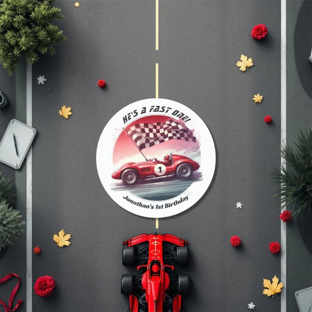 Sticker Rond Tout âge Personnalisable Voiture de course Anniver (Any Age Customizable Race Car Birthday Party Classic Round Sticker)
