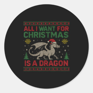 Sticker Rond Tout ce que je veux pour Noël est un dragon et des
