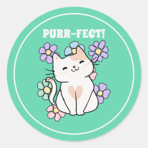Sticker Rond TOUT ! Chat souriant aux fleurs